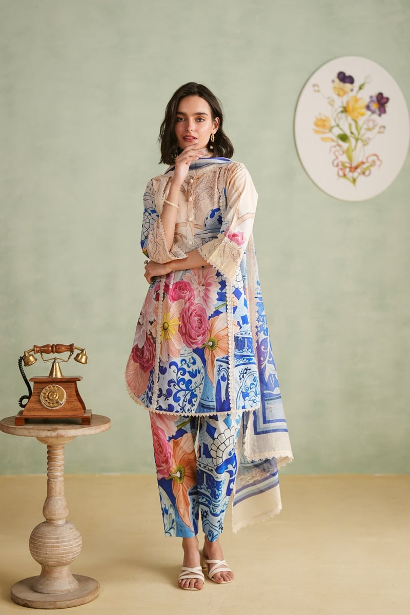 Beige/Blue Printed Cotton Lawn Suit Set
