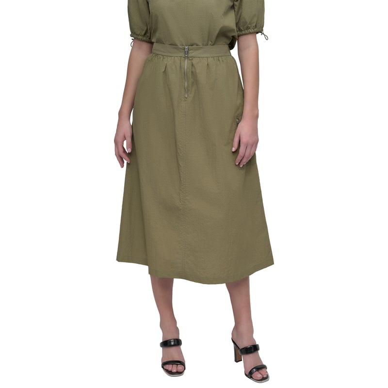 Utility Green Nylon A-Line Midi Skirt with Zip Pocket