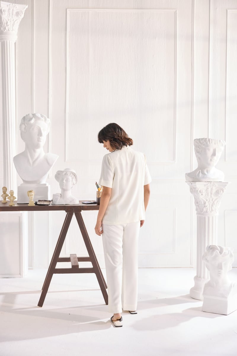 Ivory Blazer and Straight Pants Co-ord Set with Lace Applique