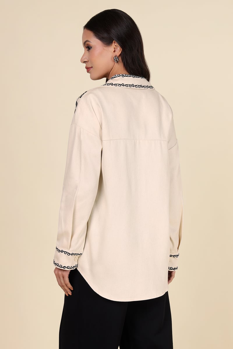 Natural Ivory Button-Down Shirt with Black Floral Motifs