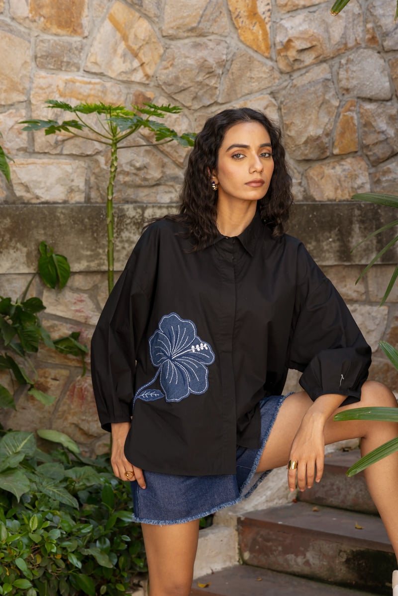 Black Poplin Relaxed-Fit Shirt with Denim Applique