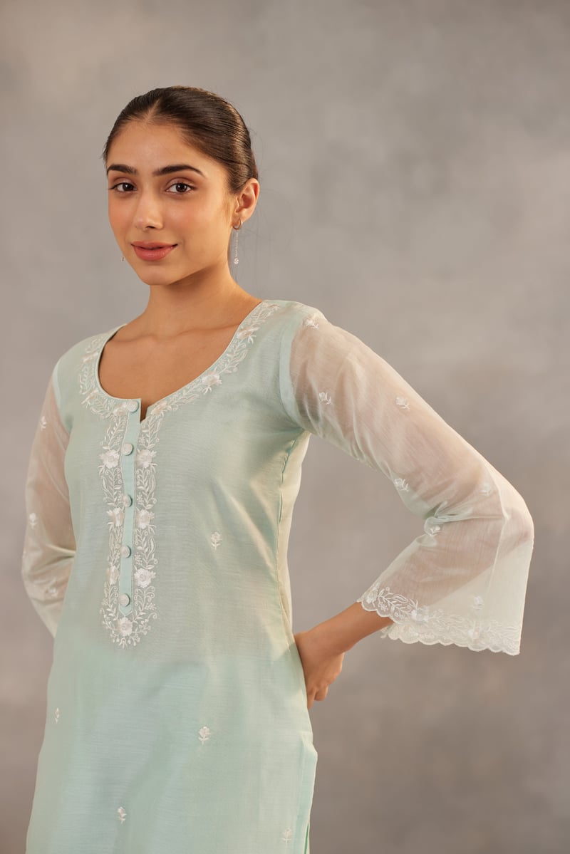 Mint Green Embroidered Straight Kurta Suit Set
