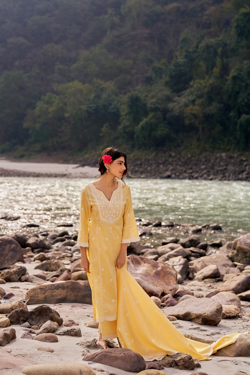 Yellow Cotton Embroidered Straight Kurta Set with Dupatta