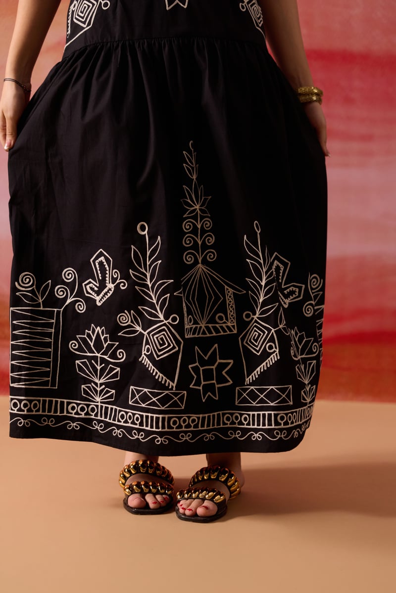 Black Embroidered Cropped Blouse and Midi Skirt Co-ord Set