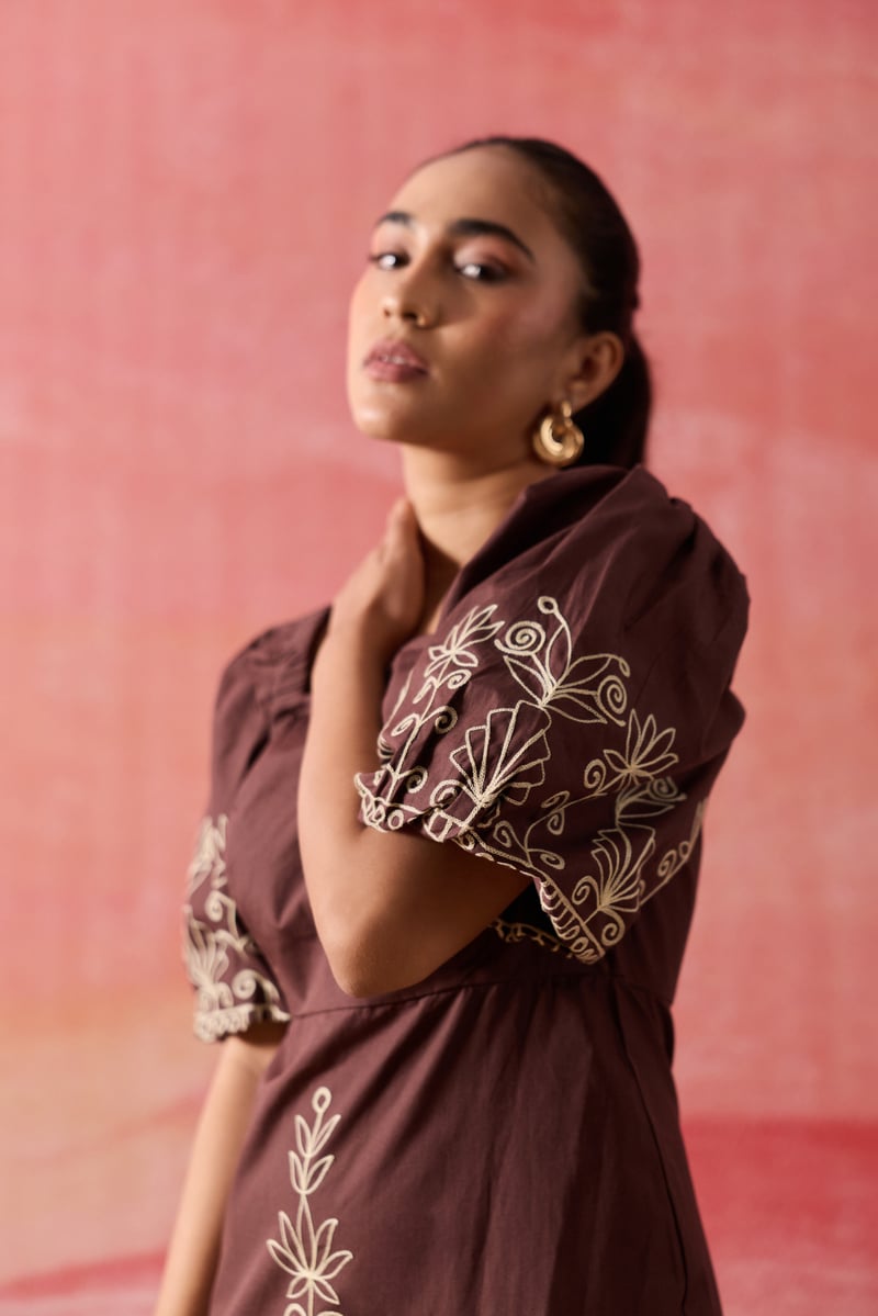 Brown Cotton Poplin Mini Dress with Aari Embroidery