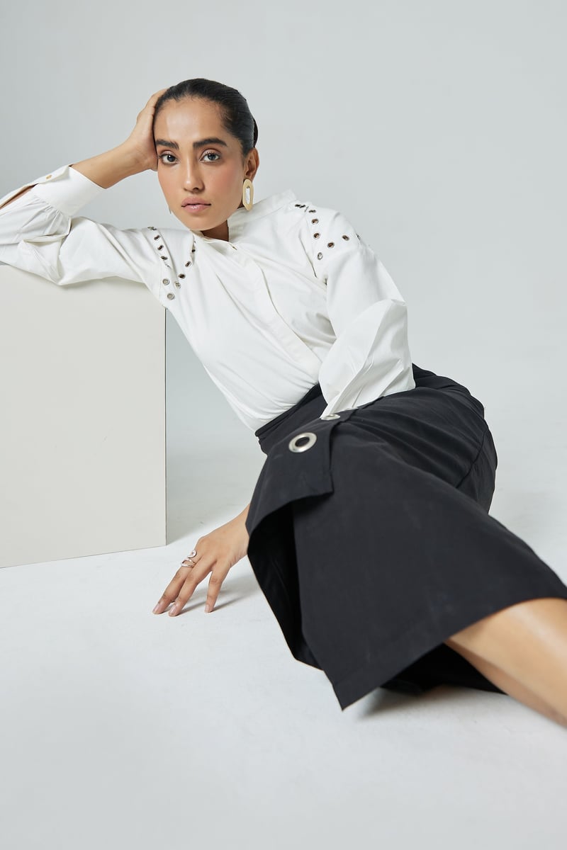 Black and White Shirt and Midi Skirt Co-ord Set