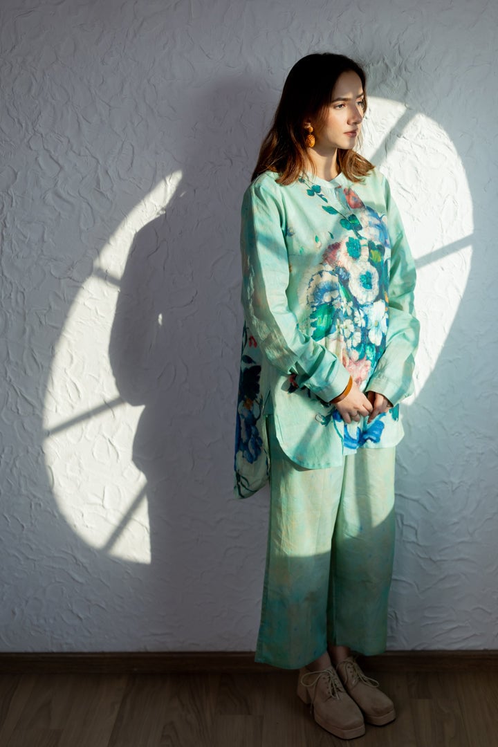 Aqua Green Printed Shirt and Pant Co-ord Set