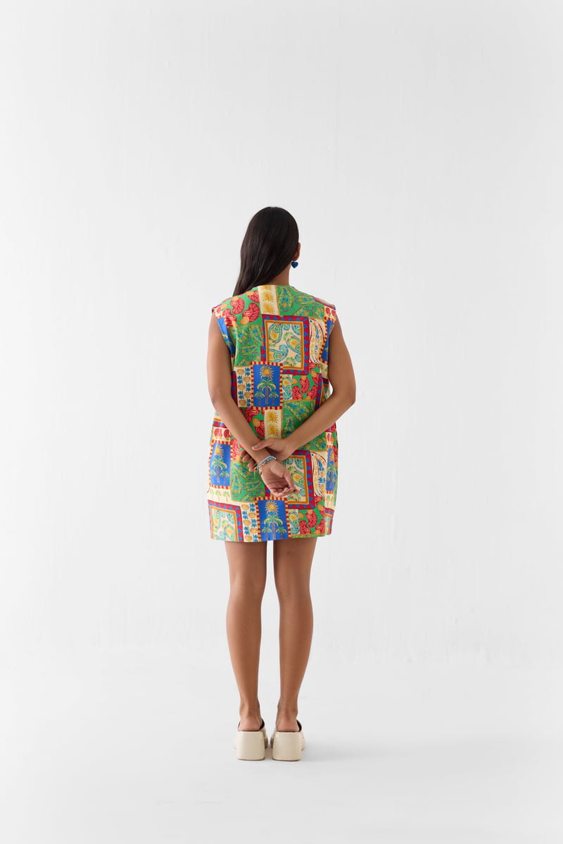 Multicolor Patchwork Print Cotton Mini Shift Dress