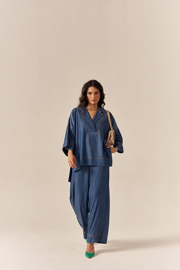 Blue Lapel Shirt and Flared Pants Co-ord Set