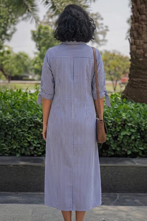 Blue Pinstriped Midi Shirt Dress with Floral Appliqué