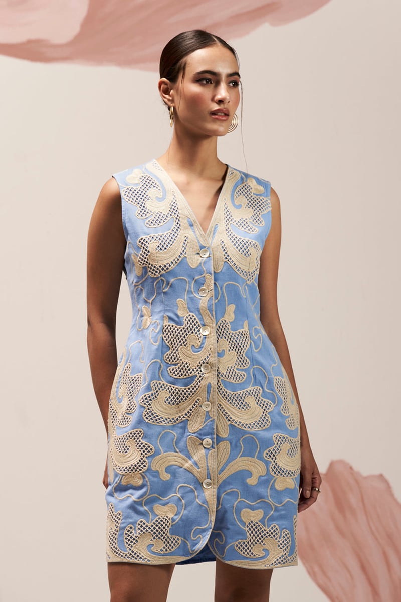 Blue Linen Cutwork Embroidered Button-Front Mini Dress