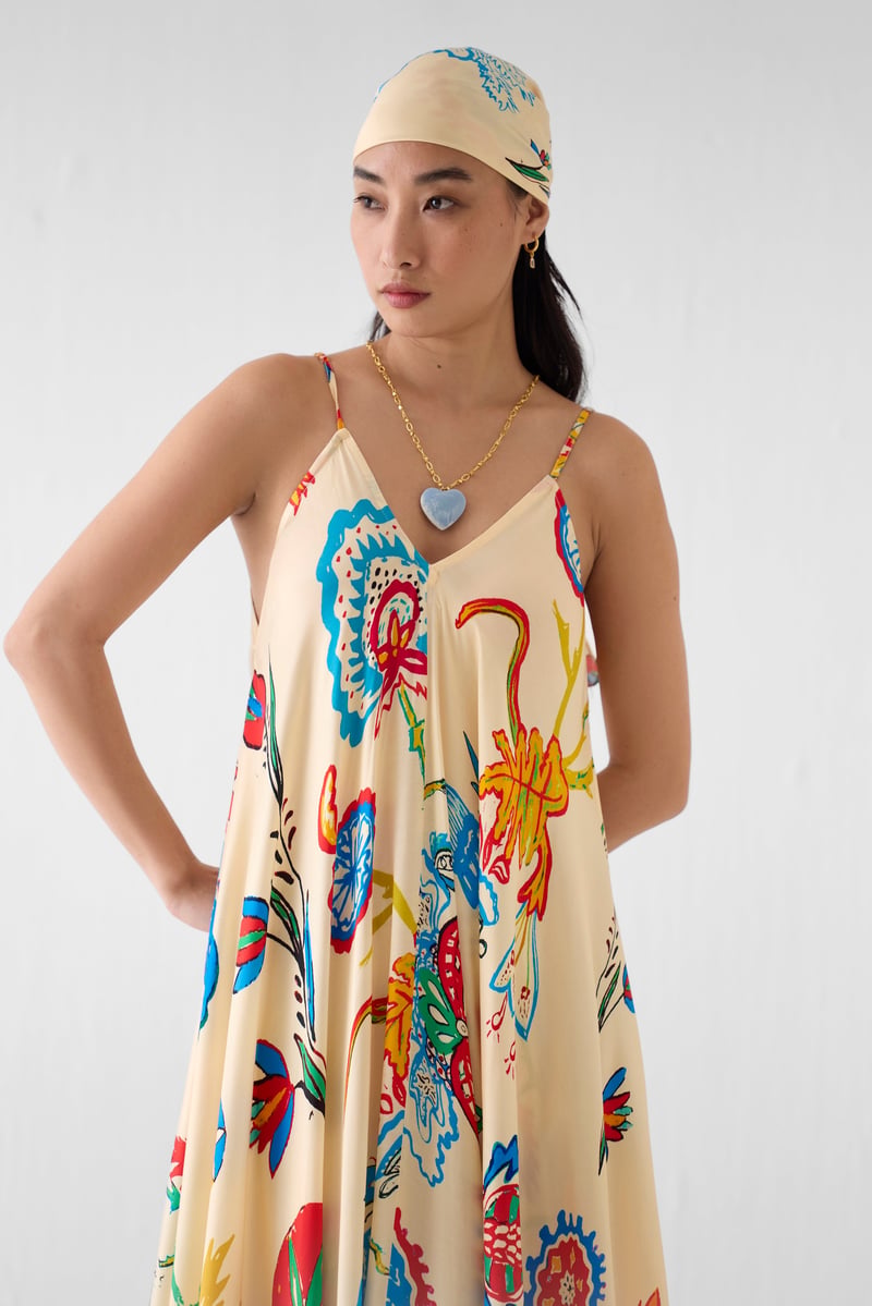 Cream Floral Printed Strappy Maxi Dress