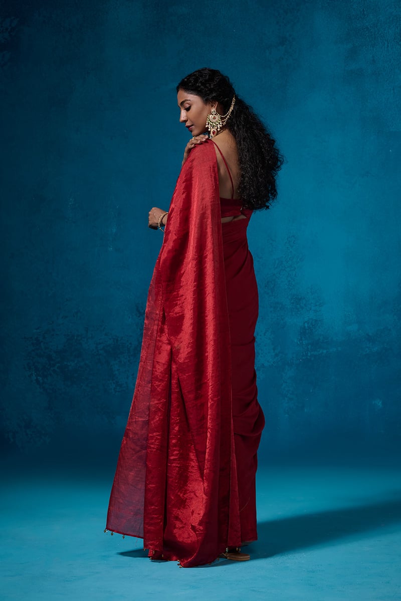 Rich Red Metallic Tissue Saree with Embellished Pallu