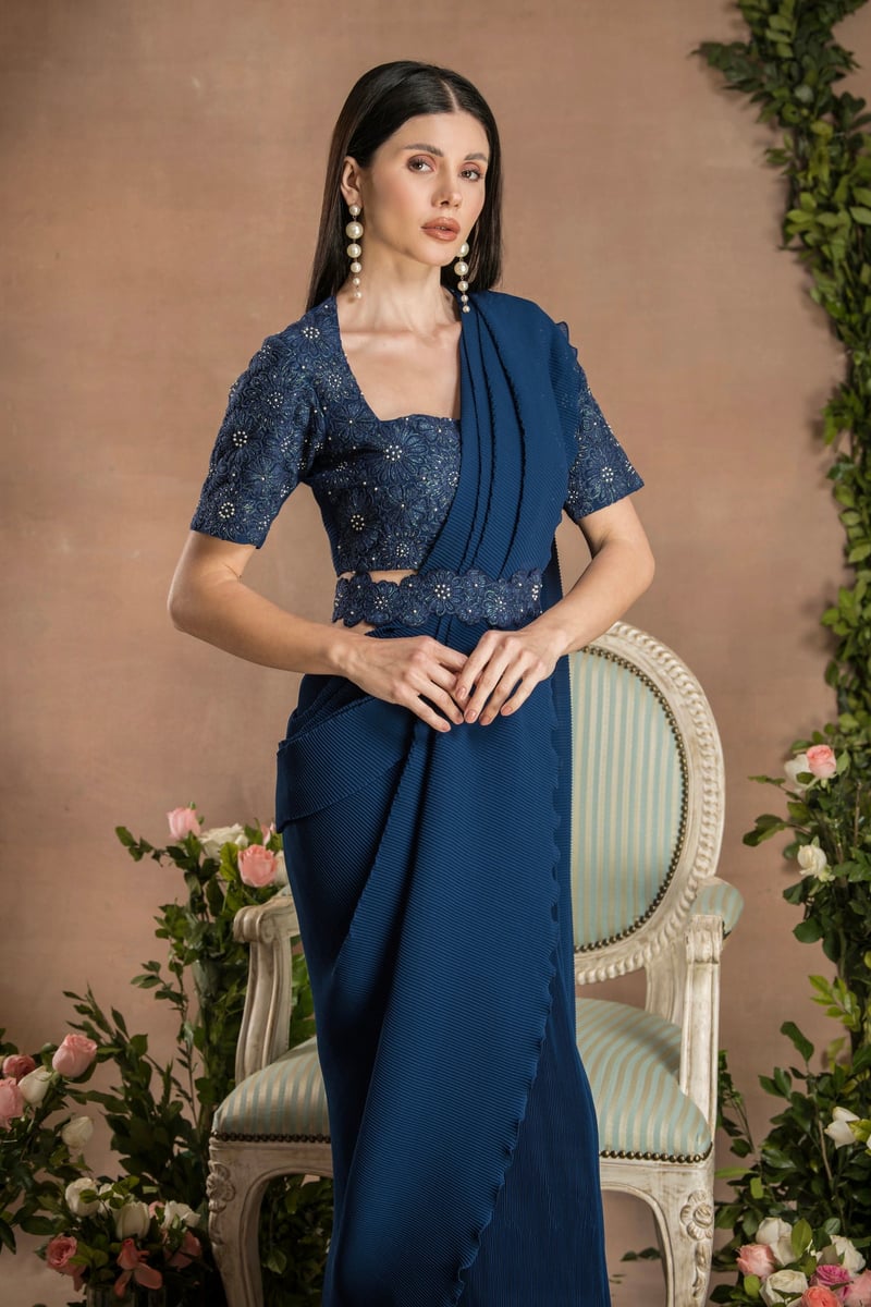 Navy Blue Pre-Draped Pleated Georgette Saree Set
