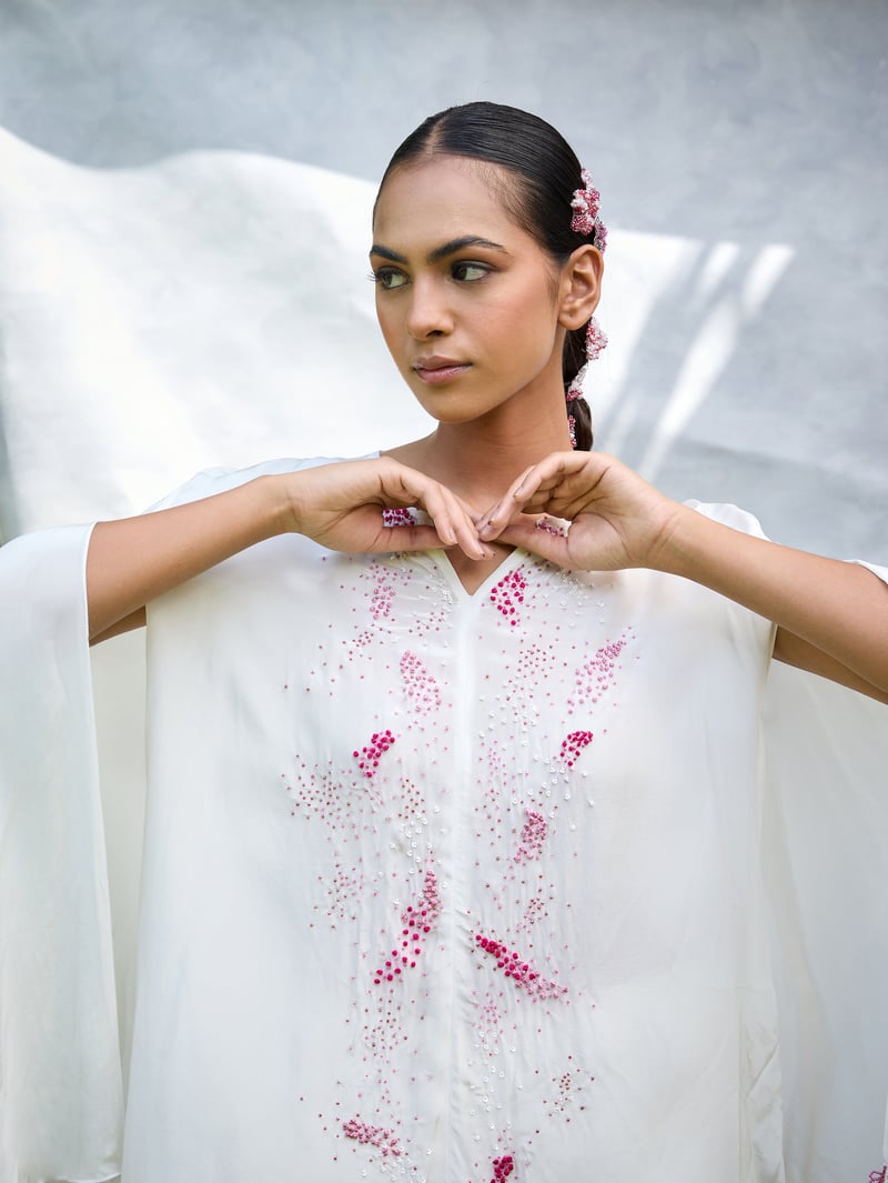 White Draped Cape-Sleeve Embroidered Top