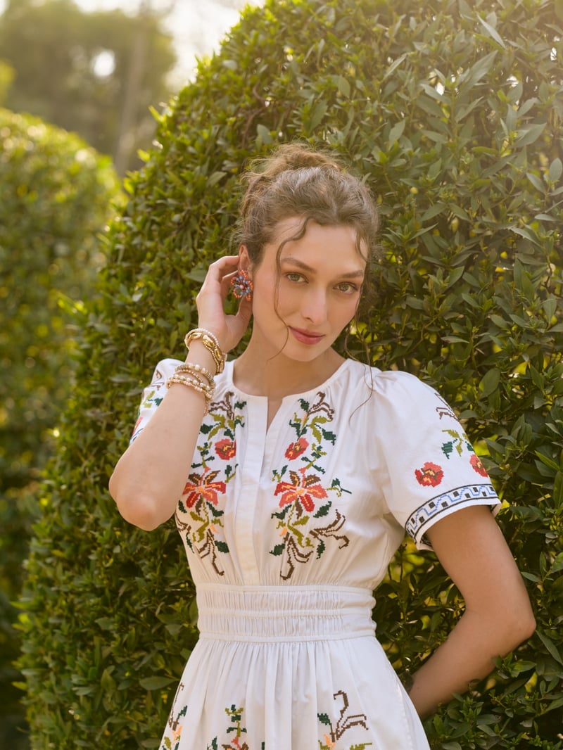 White Cotton Floral Embroidered Tiered Knee-Length Dress