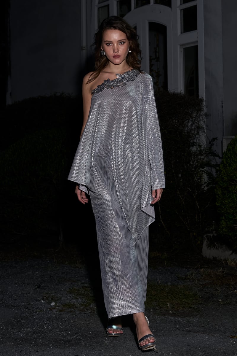 Silver Metallic Shimmer Wide-Leg Trousers