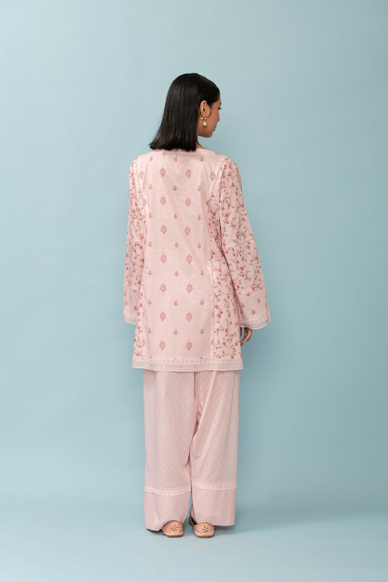 Baby Pink Tonal Floral Print Kurta Set with Organza Sleeves