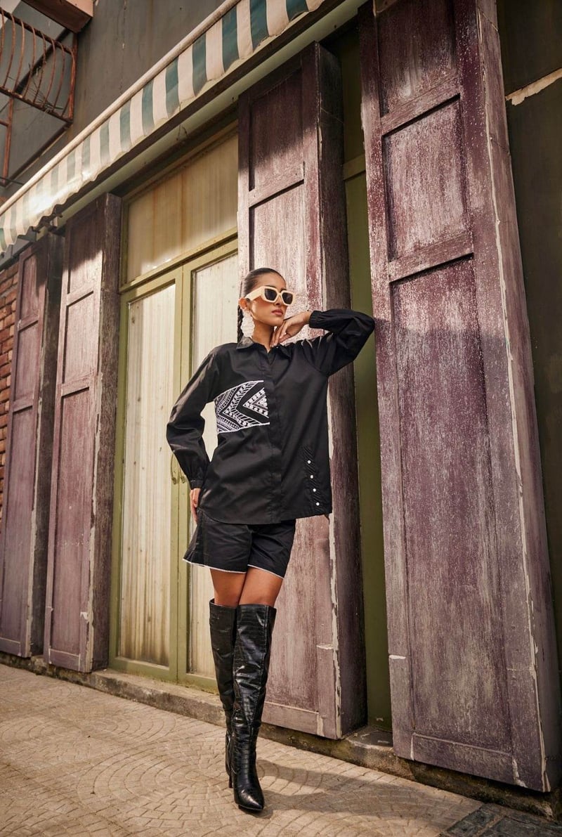 Black Triangle Geometric Embroidered Co-ord Set