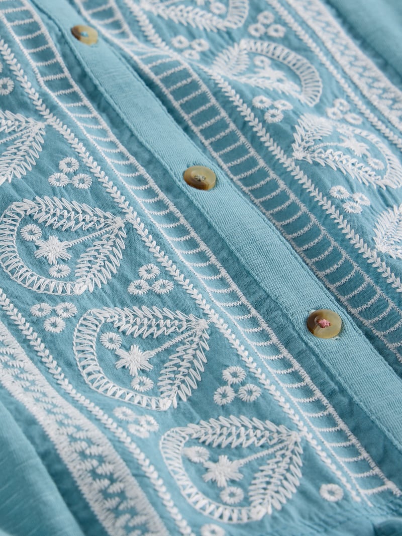 Mid Blue Sleeveless Embroidered Shirt with Hem Tie