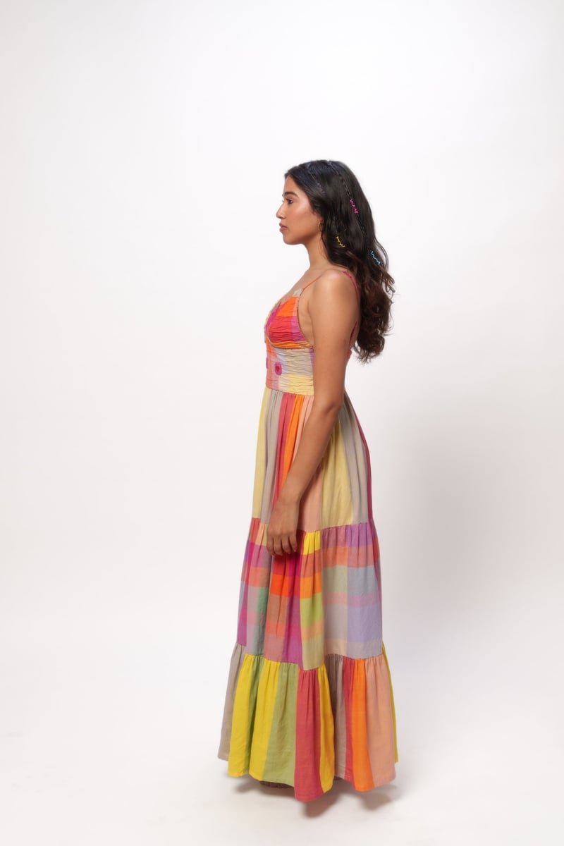 Multicolor Colorblocked Tiered Maxi Dress with Embroidery