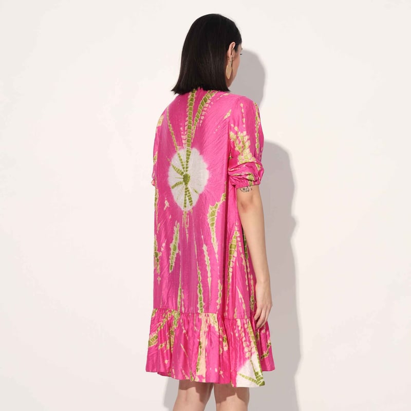 Pink Tie-Dye Tiered Knee-Length Dress