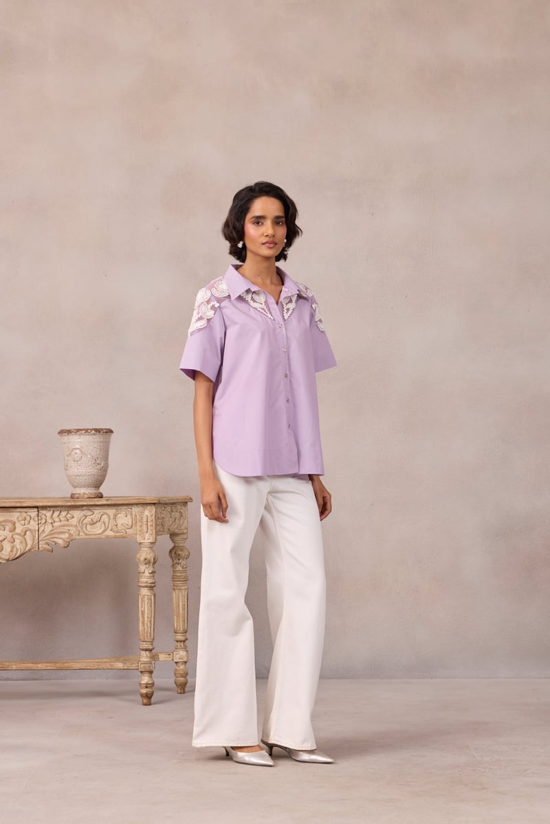 Sweet Lavender Cotton Poplin Shirt With Embroidered Yoke