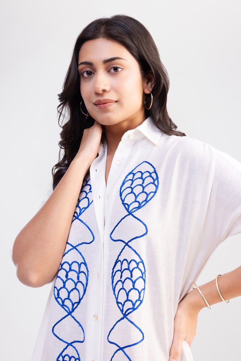 White Mini Shirt Dress with Blue Fish Embroidery