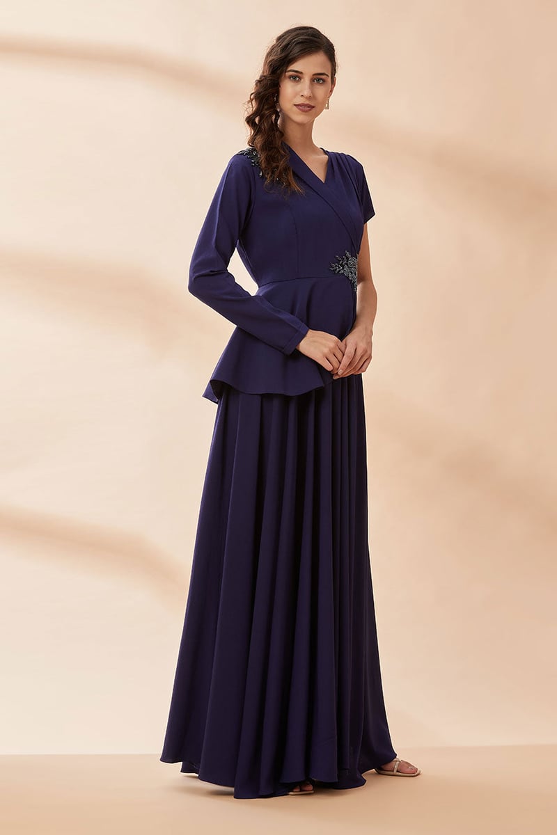 Navy Crystal-Embellished Blazer Gown Maxi Dress