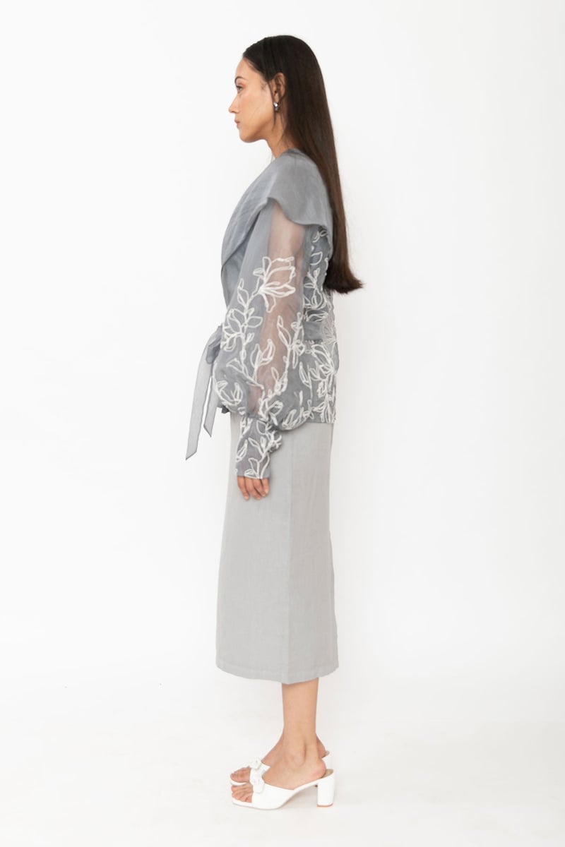Grey Silk Organza Wrap Top with Embroidered Sleeves