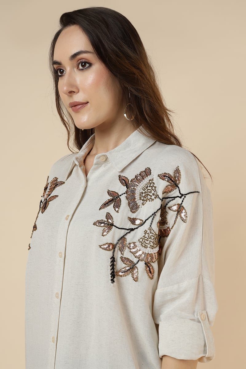 Natural Beige Embellished Longline Shirt