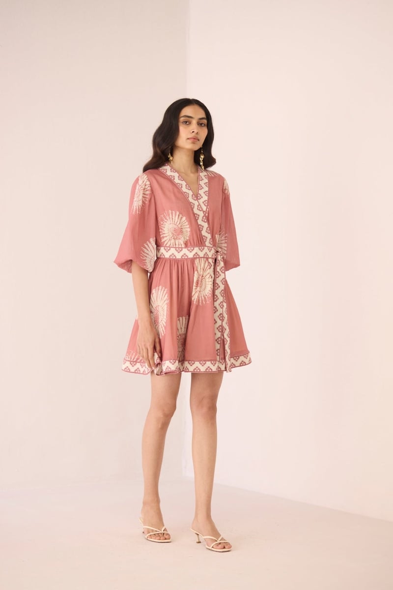 Nautilus Rose Cotton Wrap Mini Dress with Shell Print