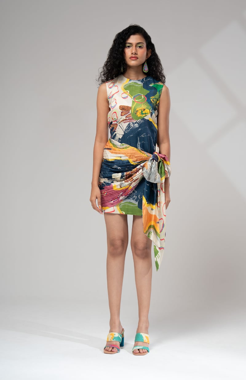 Multicolour Abstract Printed Tie-Up Mini Dress