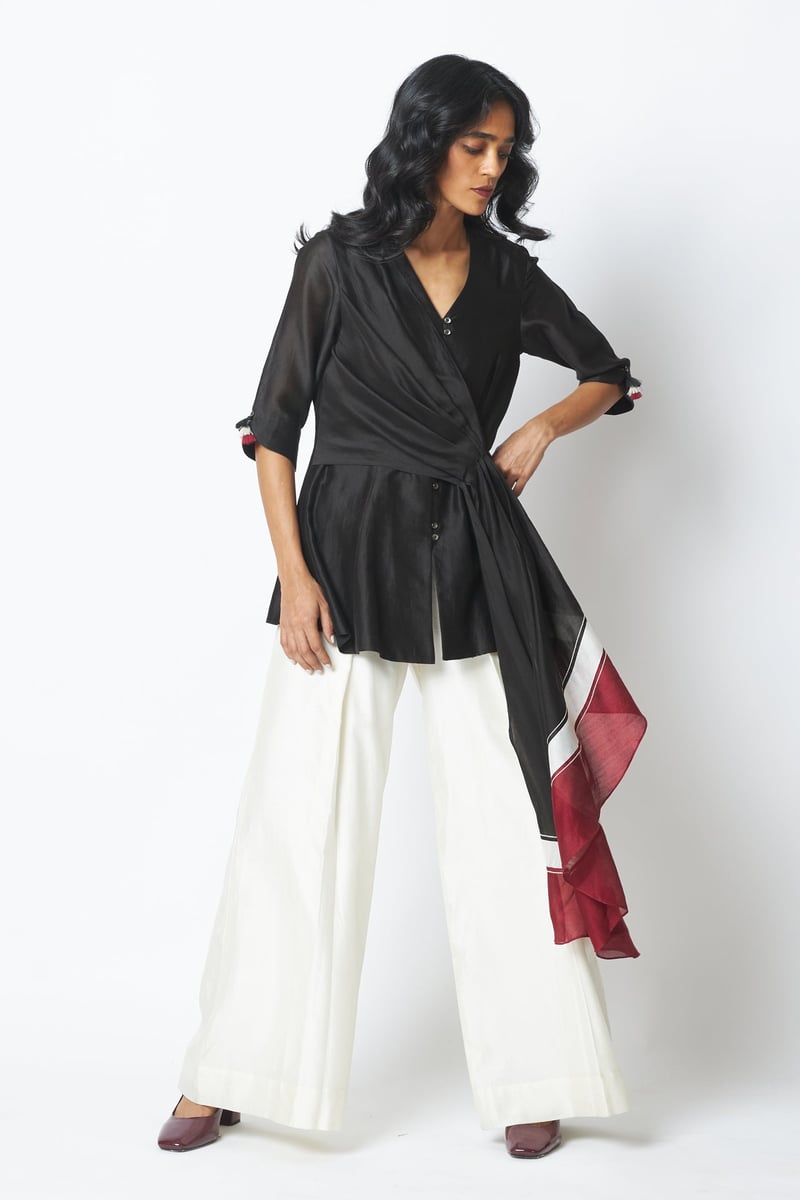 Black Wrap Top and Wide Leg Pants Co-ord Set