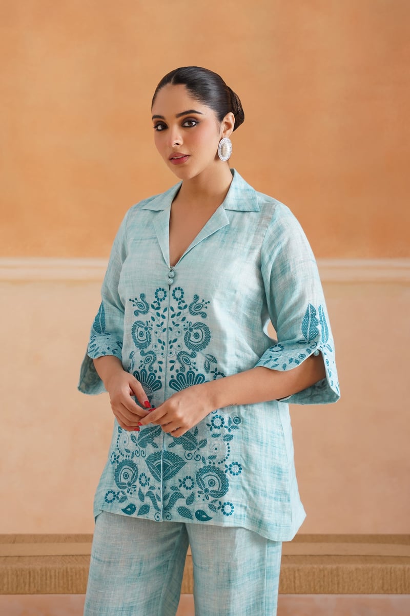 Aqua Blue Linen Embroidered Kurta Co-ord Set