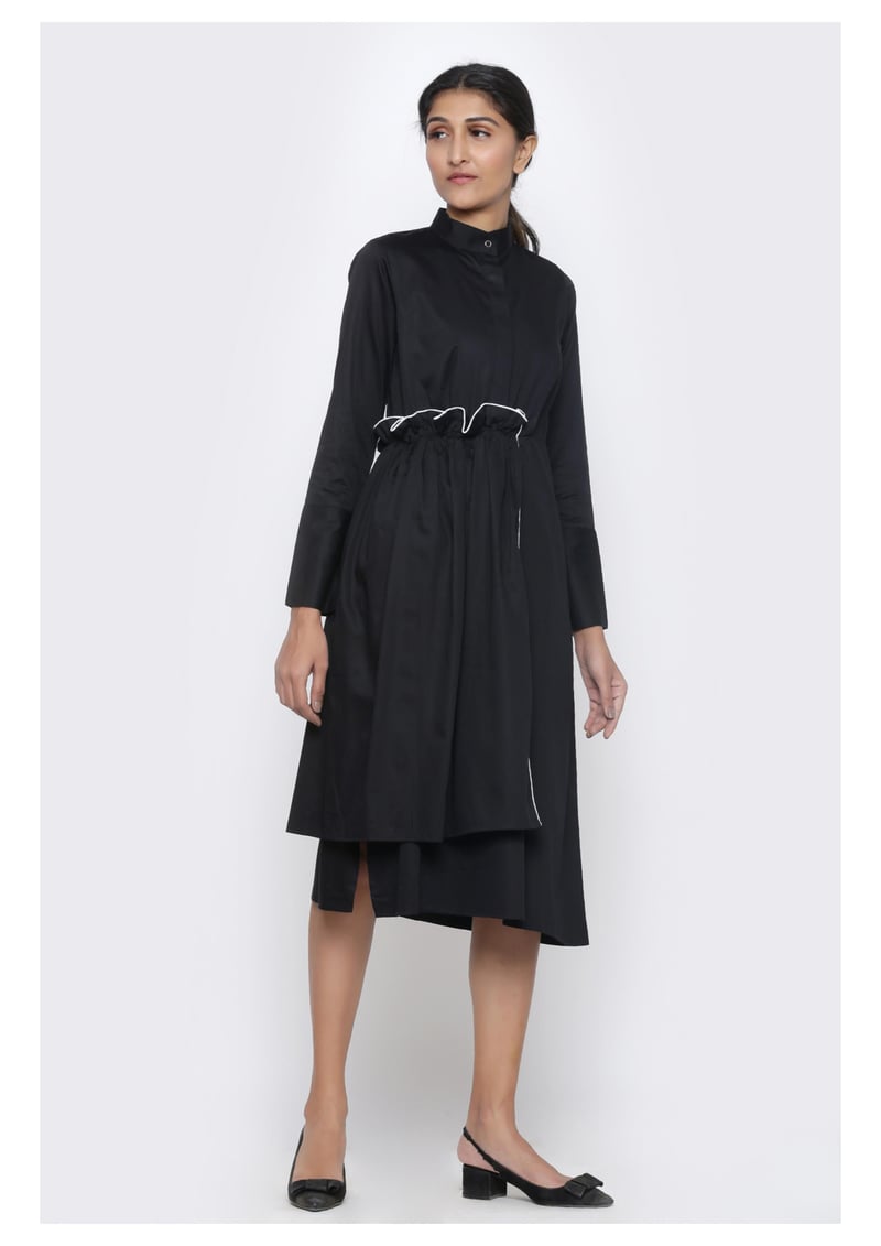 Black Cotton Satin Asymmetrical Midi Shirt Dress
