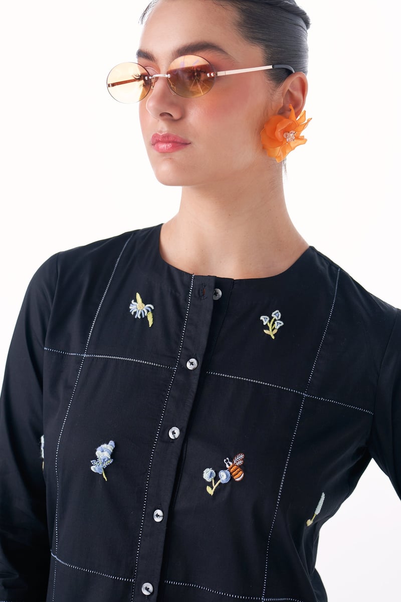 Black Cotton Satin Embroidered Round Neck Shirt