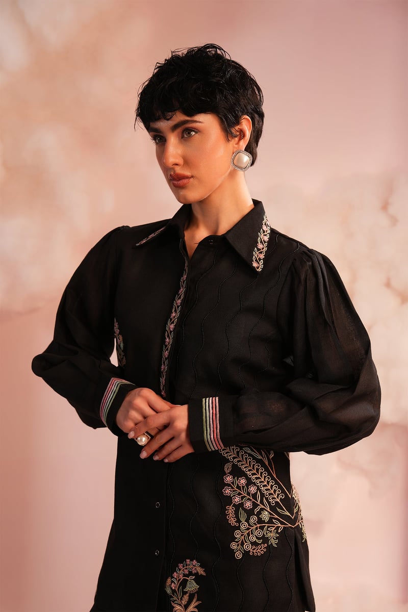 Black Embroidered Shirt and Bootcut Pants Co-ord Set
