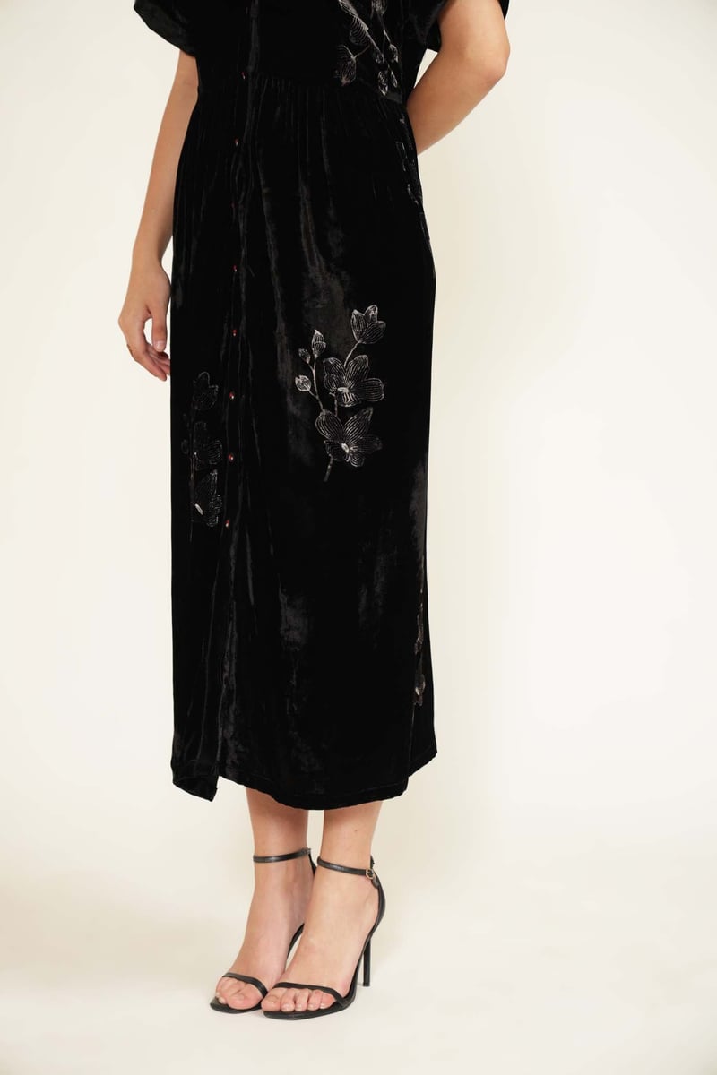 Black Silk Velvet Button-Front Midi Shirt Dress