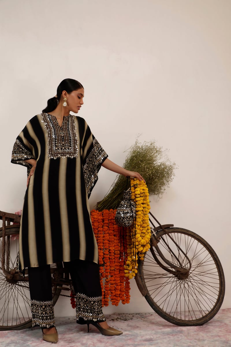 Black and Beige Striped Embellished Kaftan Kurta Set