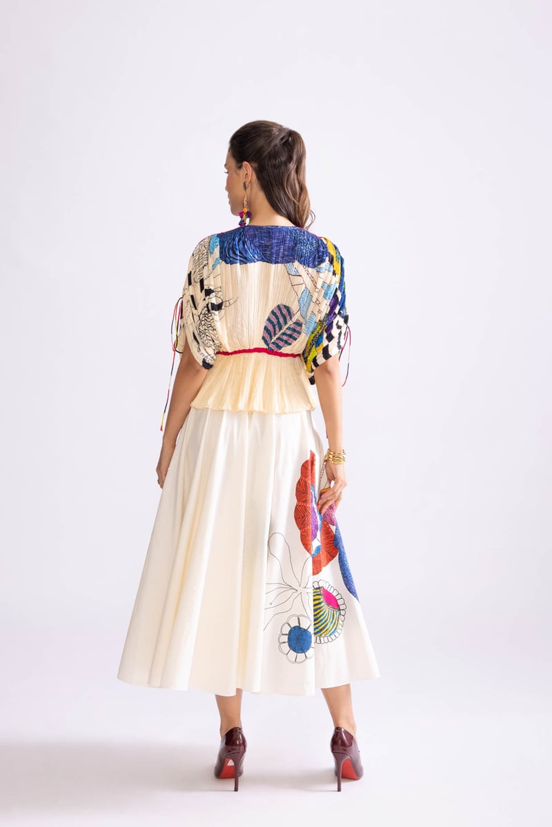 Ivory/Multi Tribal Print Micro-Pleat Kaftan Blouse