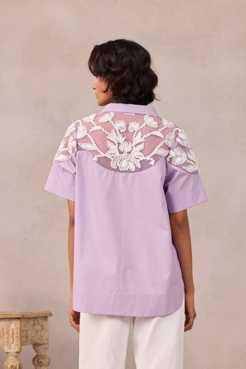 Sweet Lavender Cotton Poplin Shirt With Embroidered Yoke — 63East