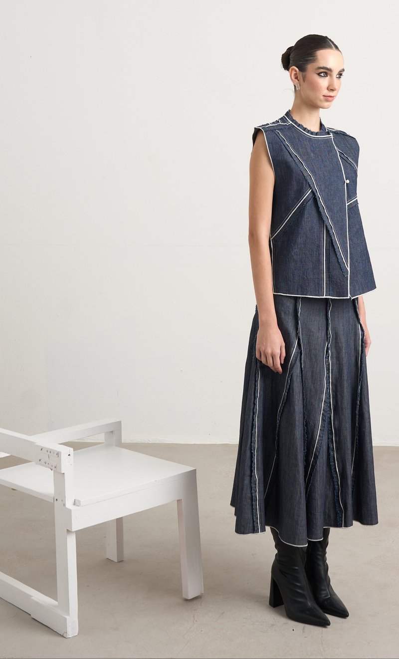 Blue Denim Panelled Maxi Skirt with Side Zip