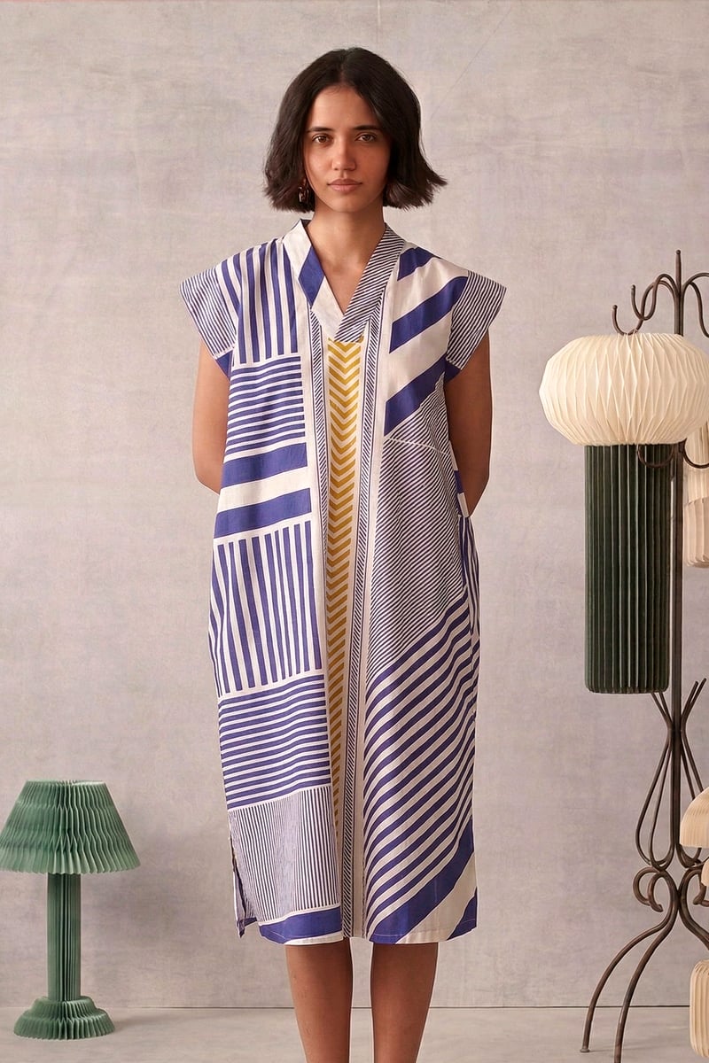 Multicolor Striped A-Line Midi Dress with V-Neck
