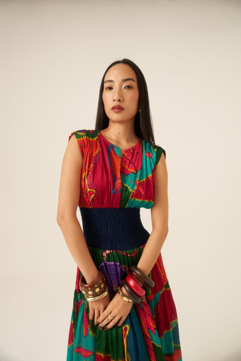 Multicolor Abstract Printed Tiered Smocked Waist Maxi Dress