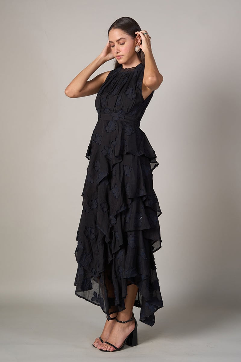 Black Jacquard Tiered Maxi Dress