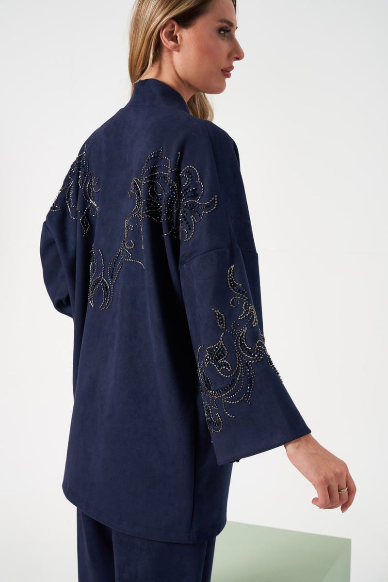 Navy Blue Beaded Embroidered Longline Shrug