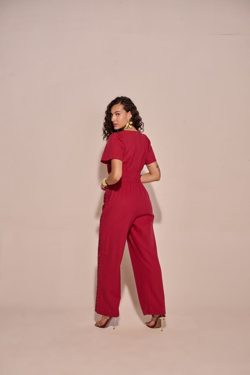 Red Cotton Embroidered Straight-Leg Jumpsuit