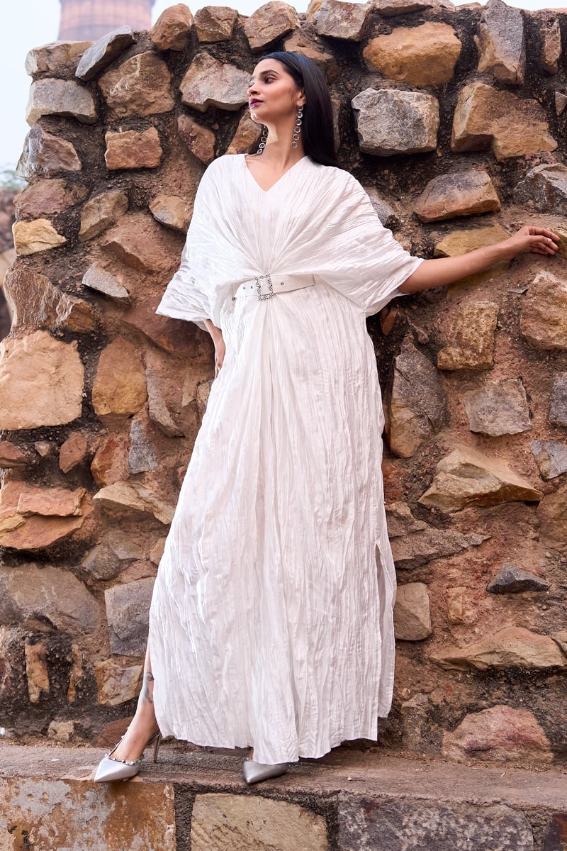 Ivory Crushed Satin Maxi Kaftan Dress with Belt