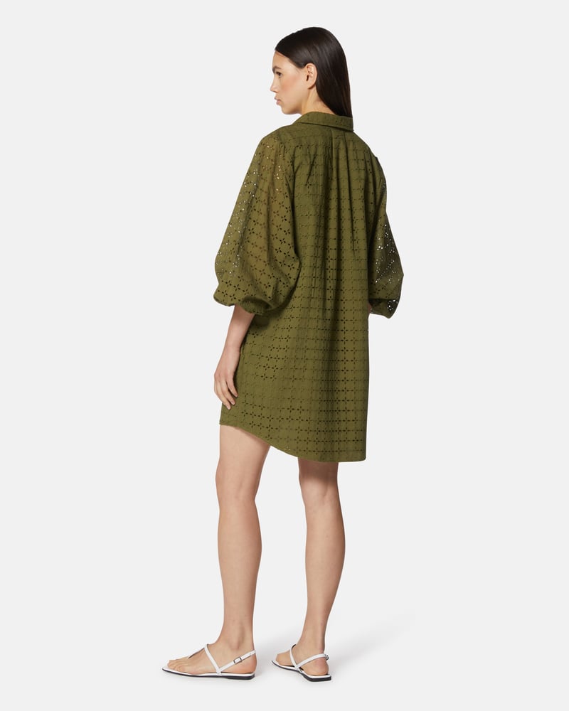Olive Green Sangallo Cotton Shirt Dress with Cutwork